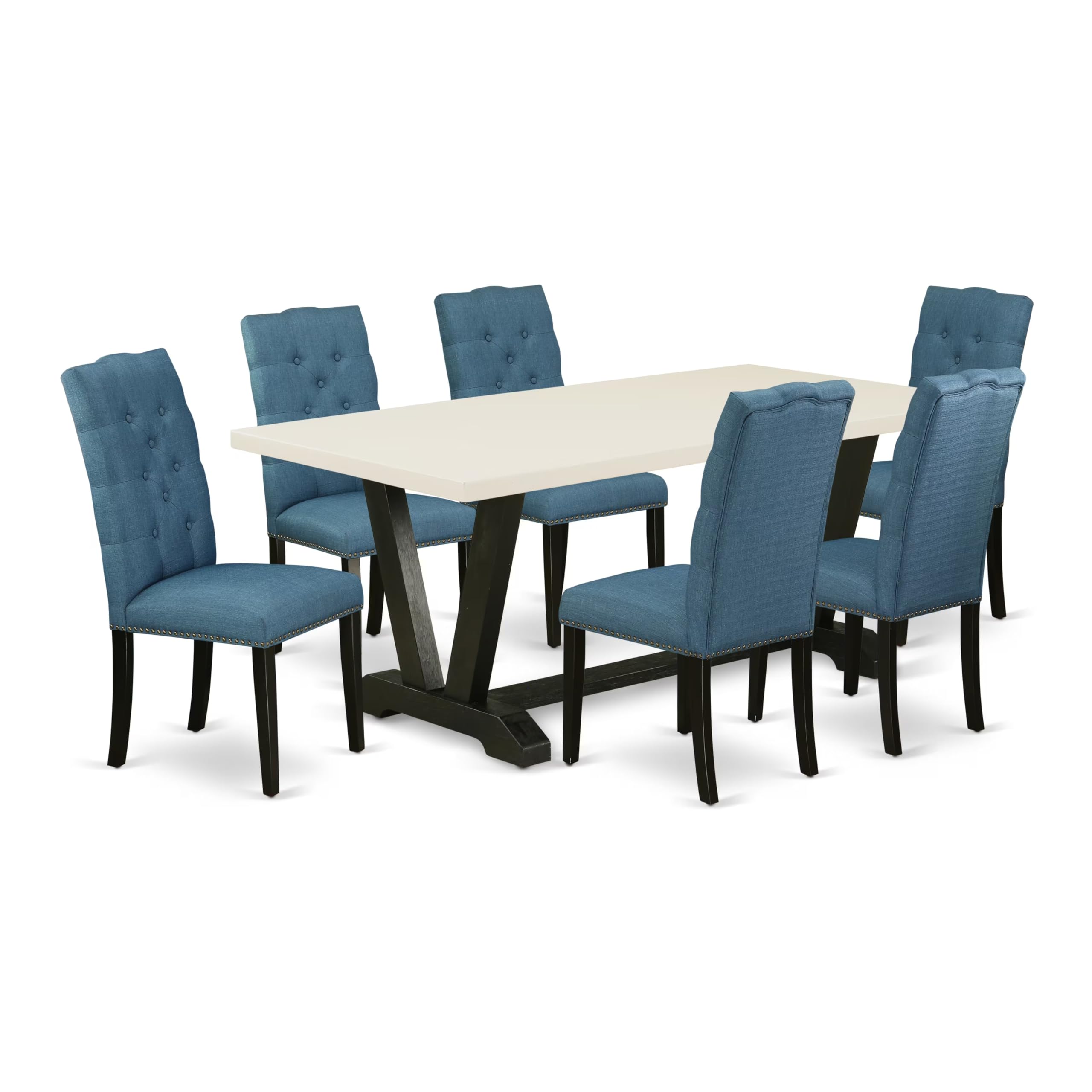 East West Furniture V627El121-7 7 Piece Modern Dining Table Set Consist Of A Rectangle Wooden Table With V-Legs And 6 Blue Linen Fabric Upholstered Chairs, 40X72 Inch, Multi-Color